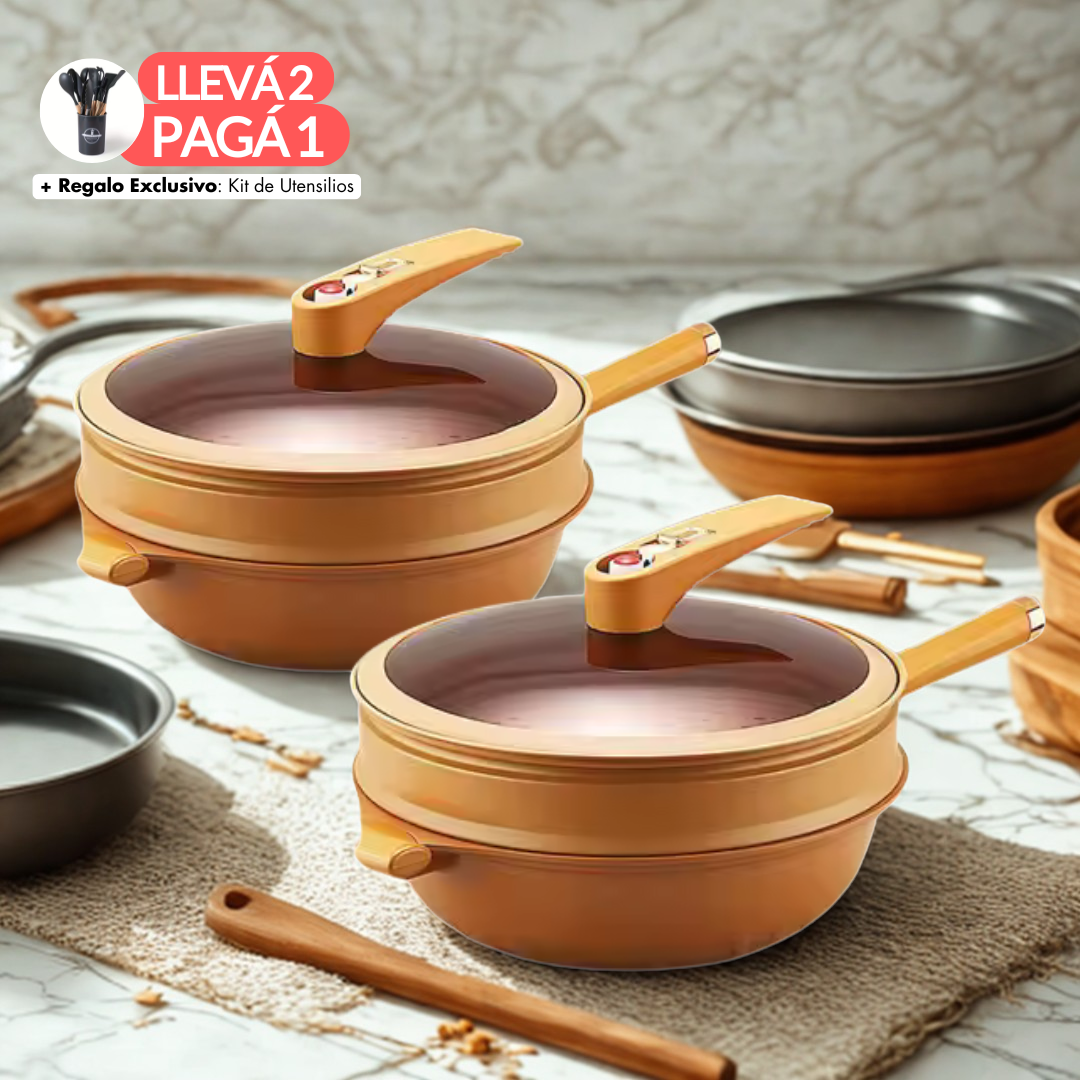 Llevá 2 y Pagá 1 - Sartén Moc Multifuncional de Cerámica Antiexplosión + De Regalo Kit Con 10 Utensilios
